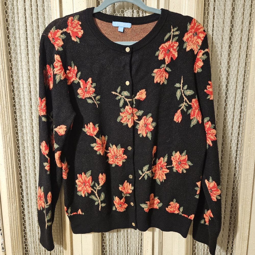 Draper James Black Cardigan with Red Floral Designsize XL